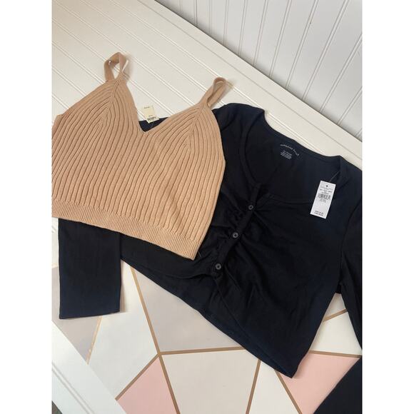 aerie Tops - NWT Aerie Tan Ribbed Cropped Tank & American Eagle Black Ribbed Tee Bundle XXL
